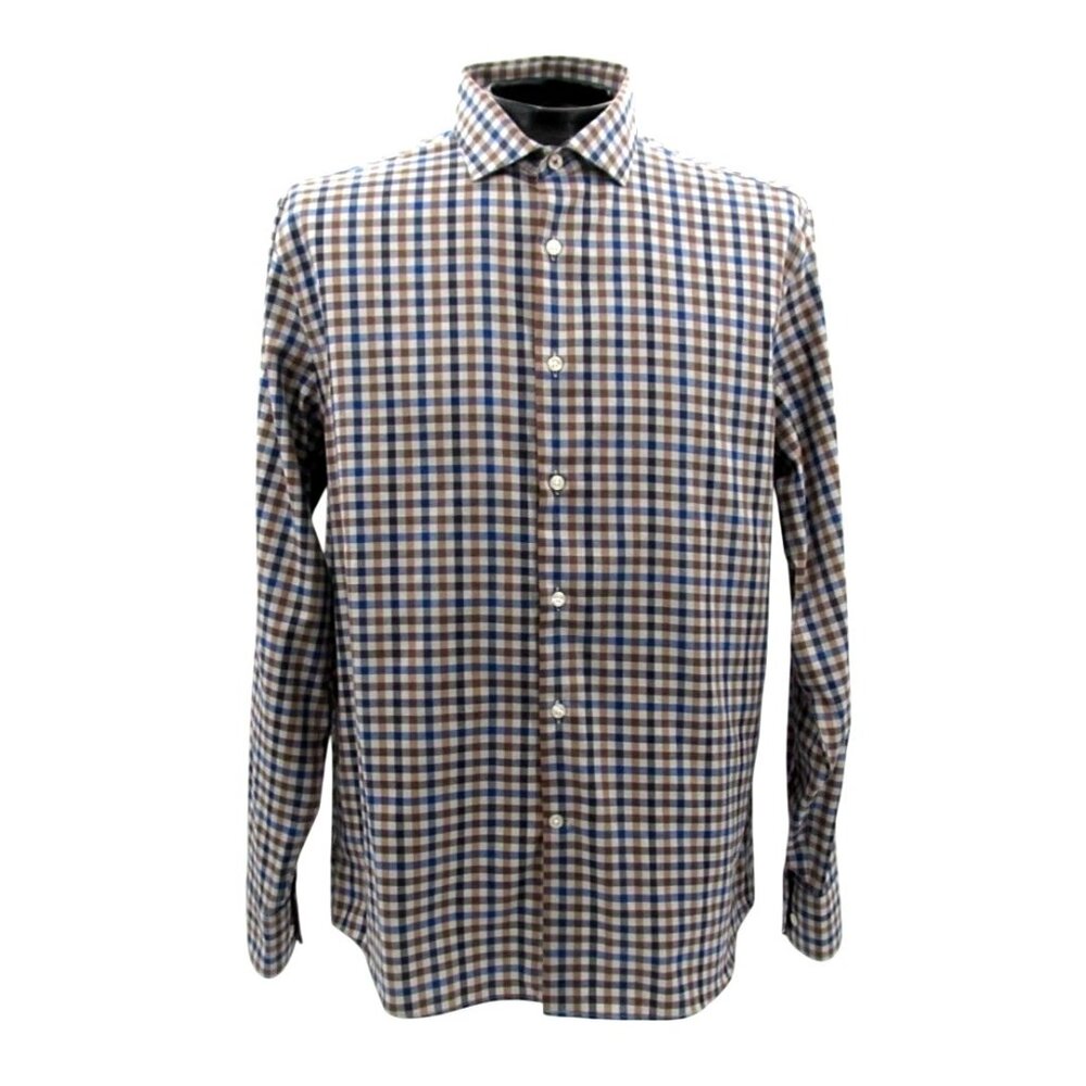 Egara Slim Fit Stretch Dress Shirt Large Blue Brown Plaid Non Iron